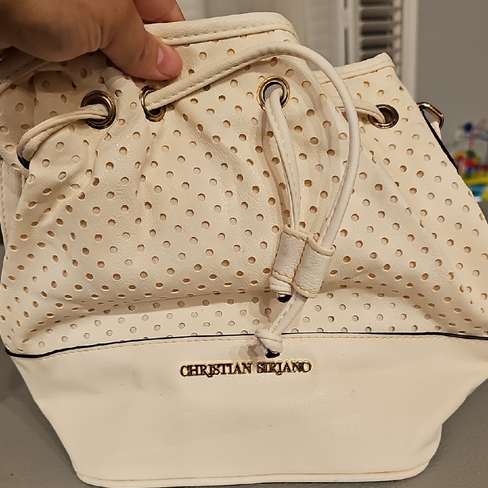 Christian Siriano Cream Perforated Drawstring Bucket Bag